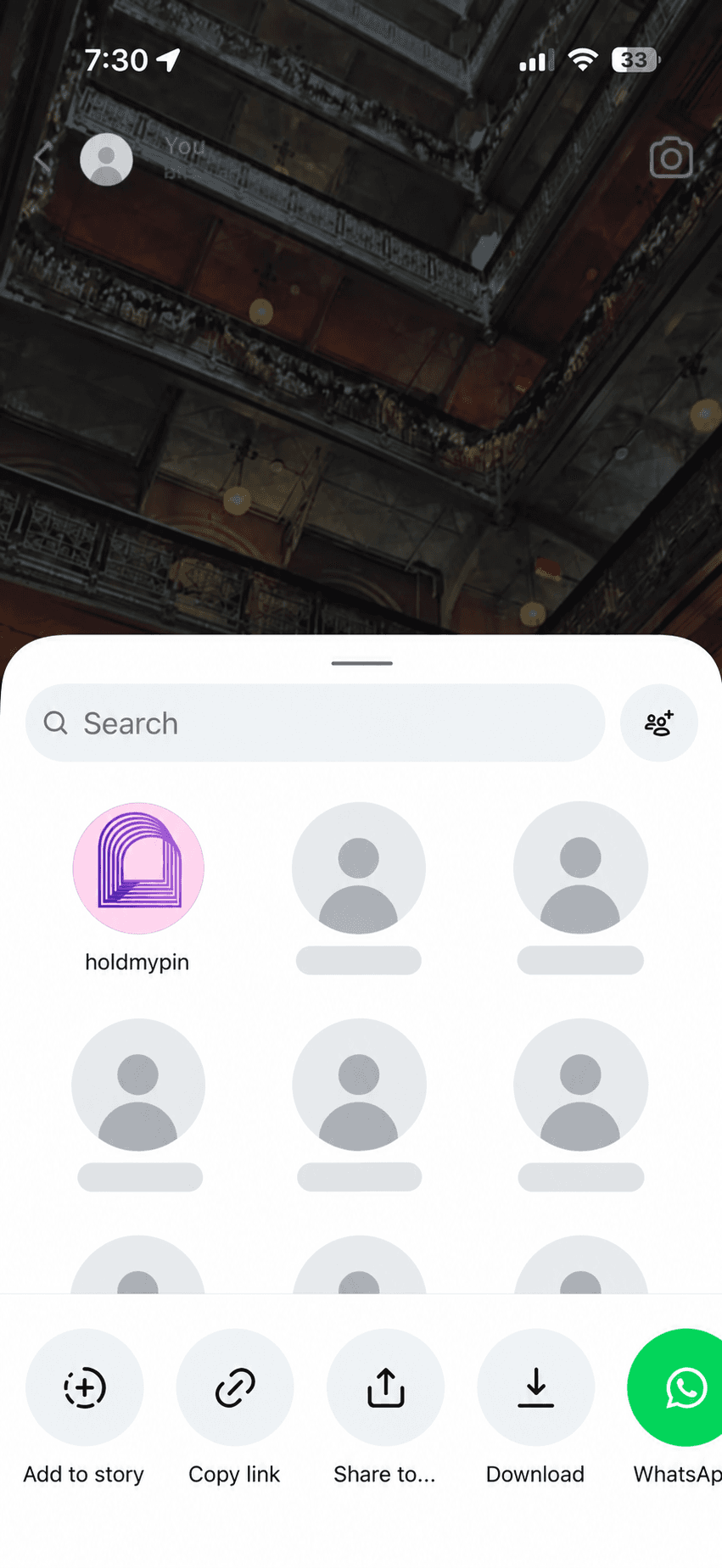 Instagram share sheet with holdmypin highlighted and other recipients anonymized