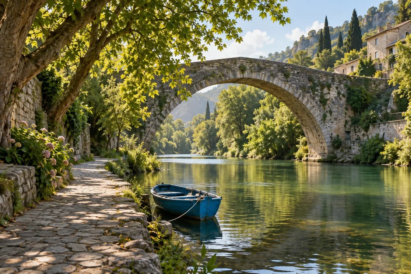 A leafy riverside path beneath a stone bridge, with a blue rowboat.